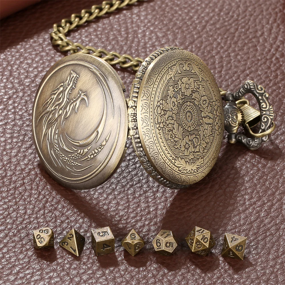 Vintage Steampunk Dragon Metal Pocket Watch Case Dice Sets with Pocket Chain 7pcs Mini Dices Retro Gift for Game Role Playing image 4