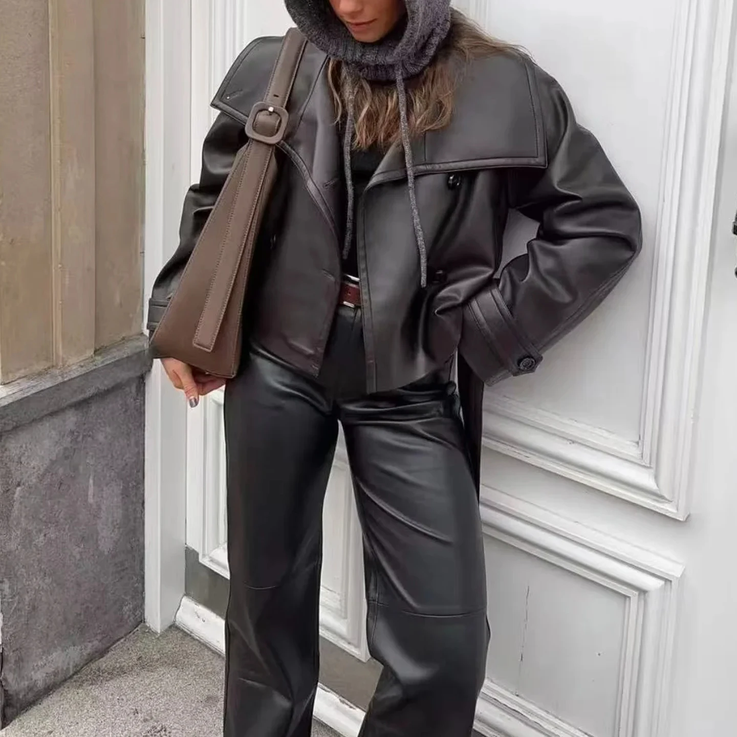 الرجعية Sle فضفاضة مزدوجة الصدر عقدة بولي Leather الجلود Jaet المرأة ملابس خارجية ort طول Faion الخريف وصول جديد