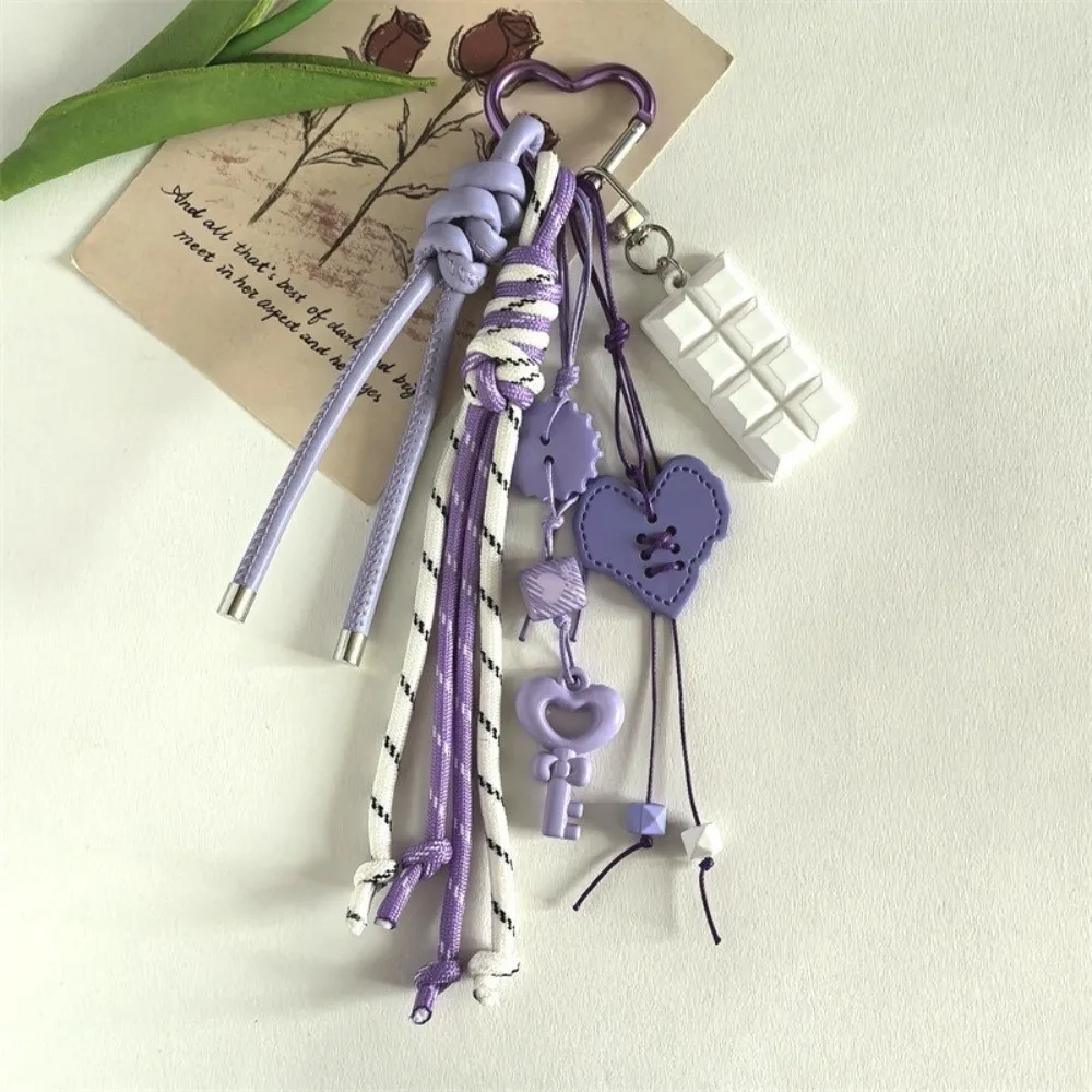 Y2k Acrylic Heart Keychain Anti-Lost Hand-Woven Braided Rope Key Chain Macaron Color Heart-shaped Bag Pendant Girls Gift