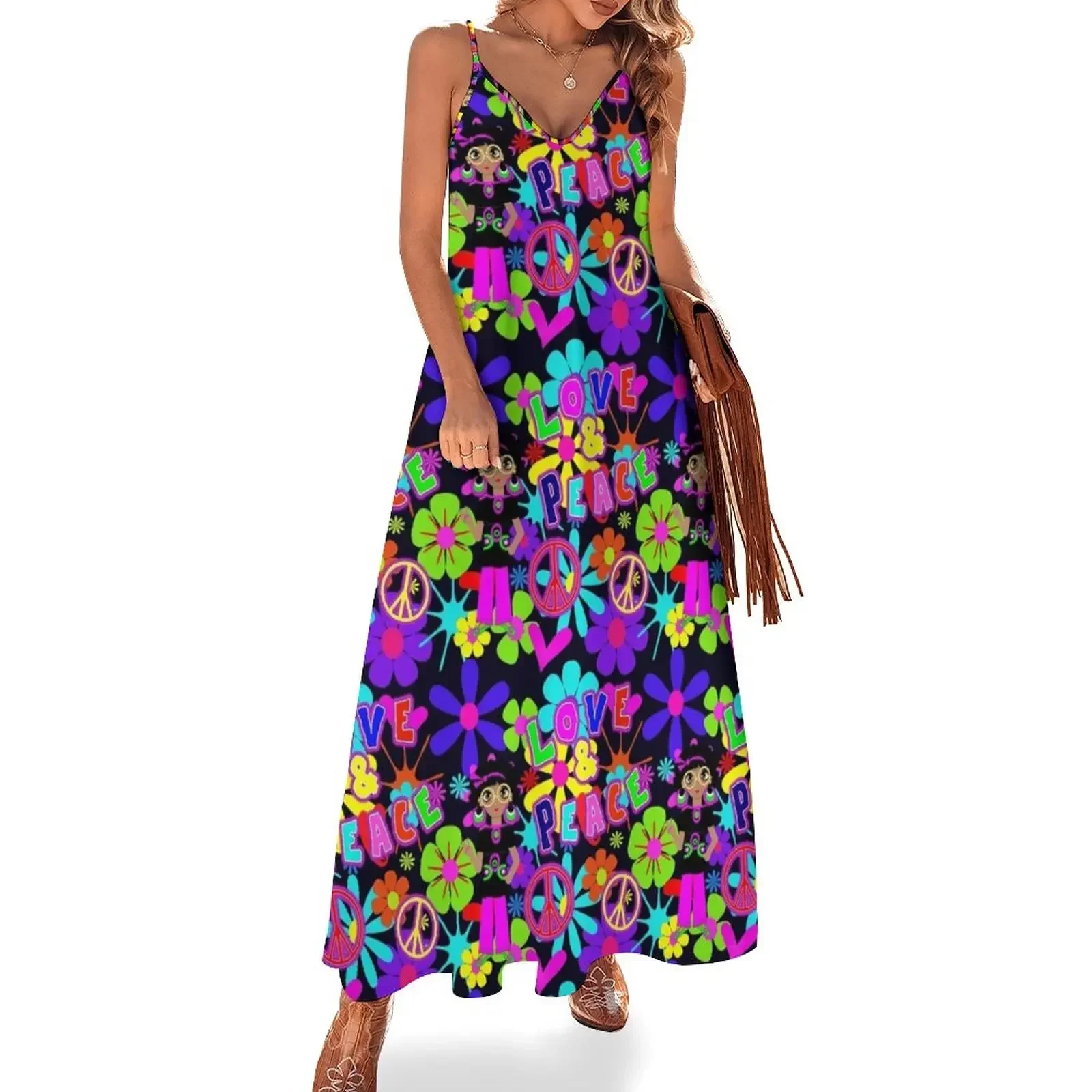 

Groovy Hippie Flower Power Love & Peace Colorful 60'sRetro Pattern Sleeveless Dress luxury woman party dress Dress