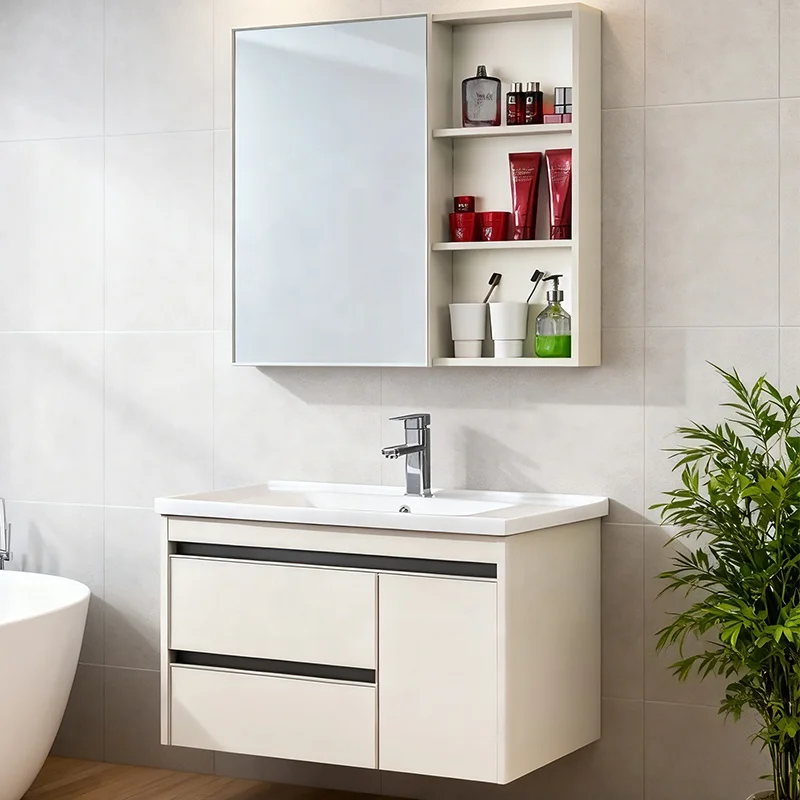 

Серый туалетный столик для ванной комнаты с прямоугольным зеркалом, алюминиевая панель + профиль | Керамическая раковина для отелей и апартаментов