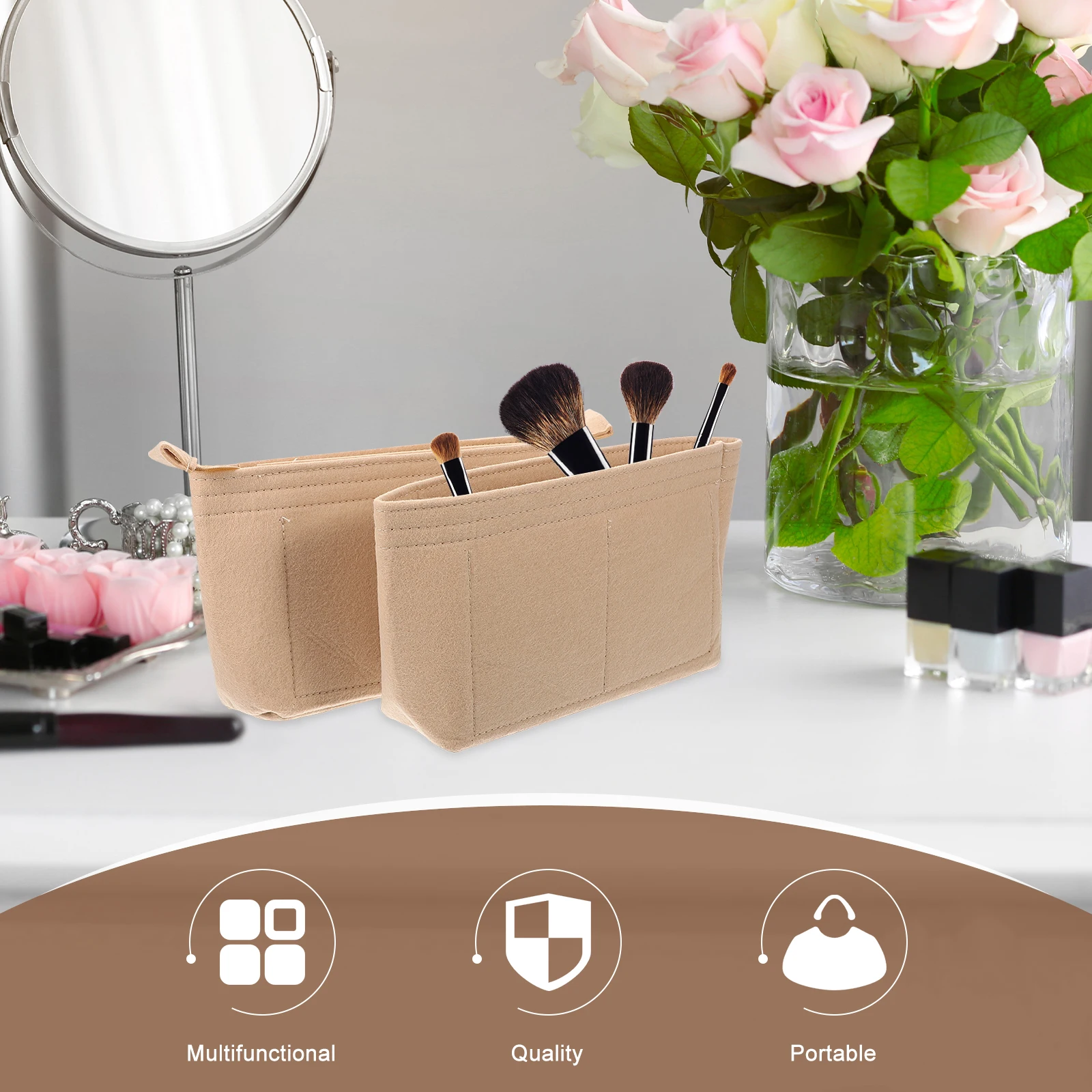

2pcs Felt Purse Insert Organizer For Handbags Lightweight Large Capacity Bag Travel Accessories Beige