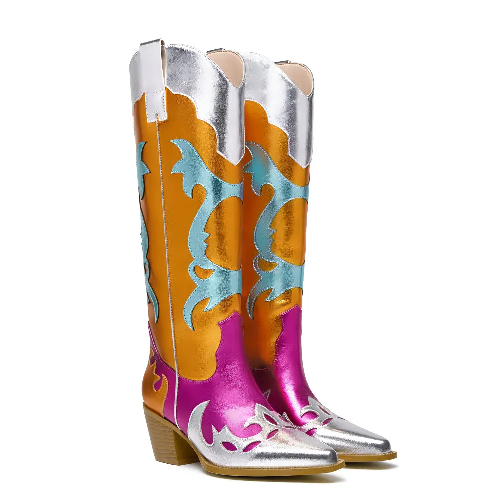 

Sparkly Cowboy Boots Women Metallic Mid Calf Cowgirl Western Boots Wide Calf Pull on Shoes Pointy Toe Chunky Stacked Heel 2.75"