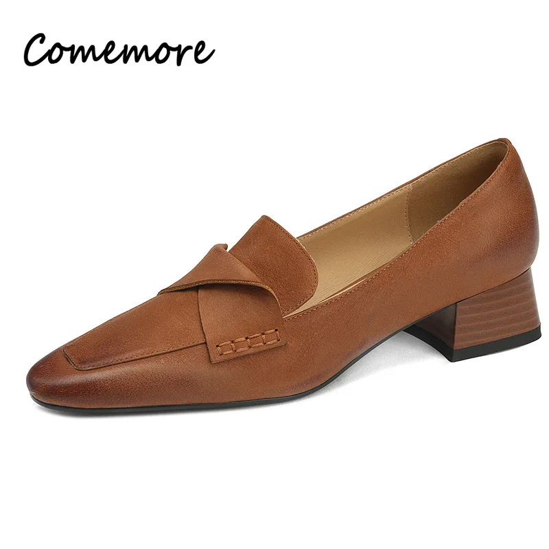 Comemore Pleated Slip on Mid Heels Office Ladies Shoe Chunky Heel Women Square Toe Shoes for Woman Women's Autumn 2023 Pumps 34