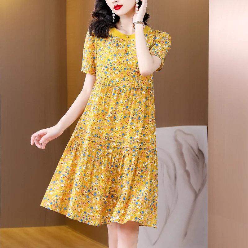 

Women Yellow Floral Casual Beach Midi Silk Dress Summer Fashion Sleeve Ruffled O-Neck Dress 2024 Korean Elegant Luxury Dresses