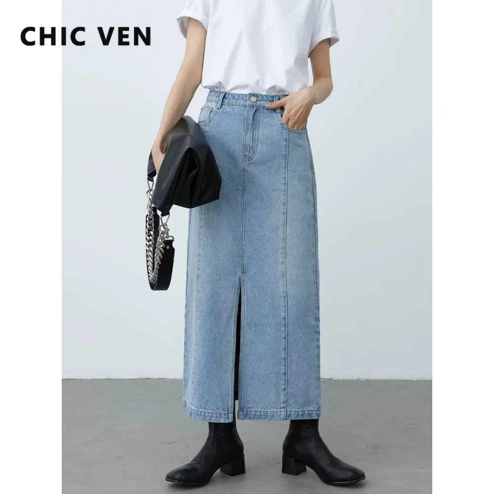 

CHIC VEN Women Long Skirts Loose Casual Cotton Retro High Waisted Front Split Ladies Straight Leg Denim Skirt Spring Summer 2026