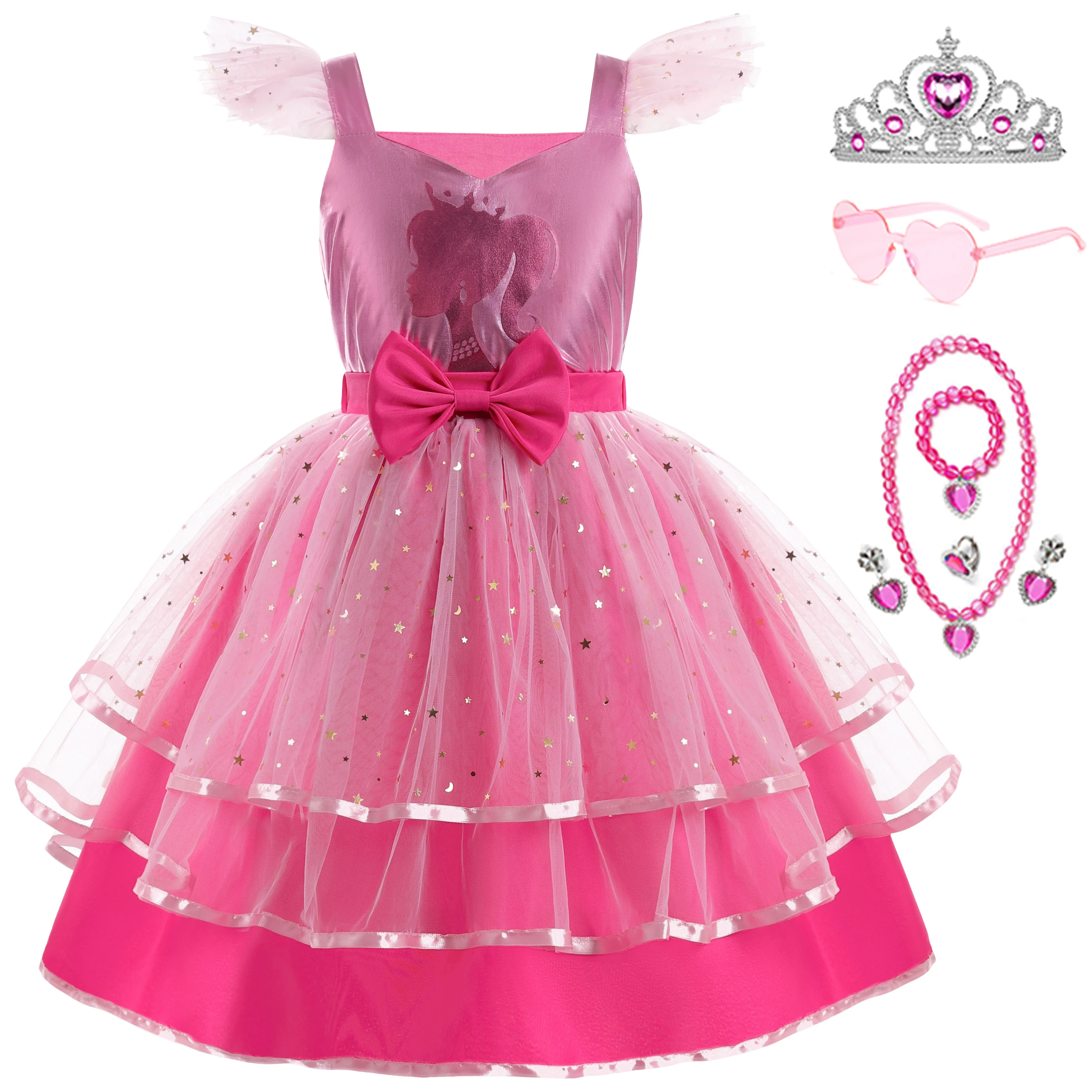 

Girls Pink Bow Flying Sleeve Cosplay Princess Dress with accessories For Toddler Kids Mardi Gras Carnival Birthday Party Costume