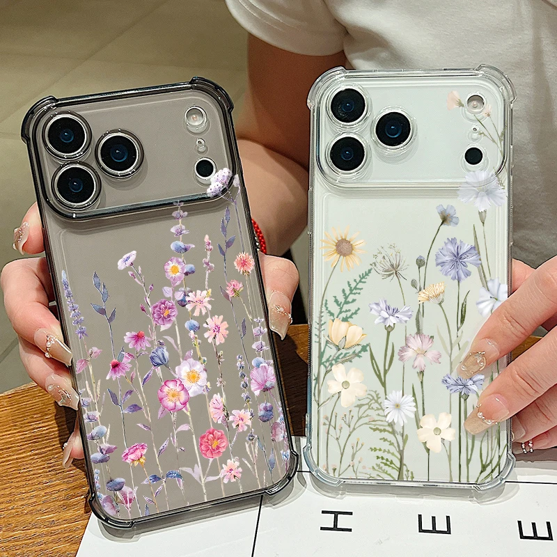 Kleine Blumen-Druck-Handyhülle für iPhone Air 17 16e 16 15 Pro Max 14 13 Pro 12 11, stoßfeste, klare, weiche Kartensteckplatz-Taschenabdeckung
