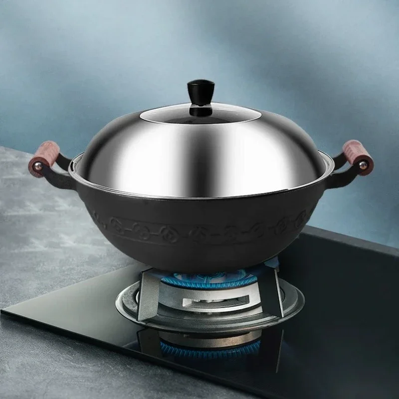cast iron large iron pot double ears for cooking uncoated non-stick thickened deep cooking pot