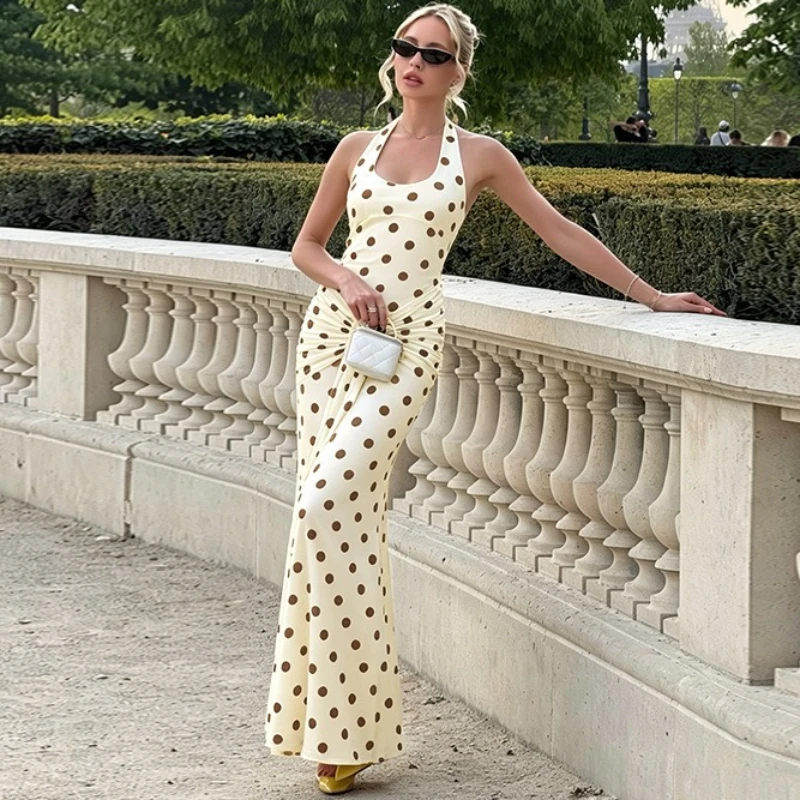 

Tsiisd Summer Women's Polka Dot Halter Neck Dress Lace-Up Sleeveless Backless Beach Vacation Party Evening Gown Dresses Clothing