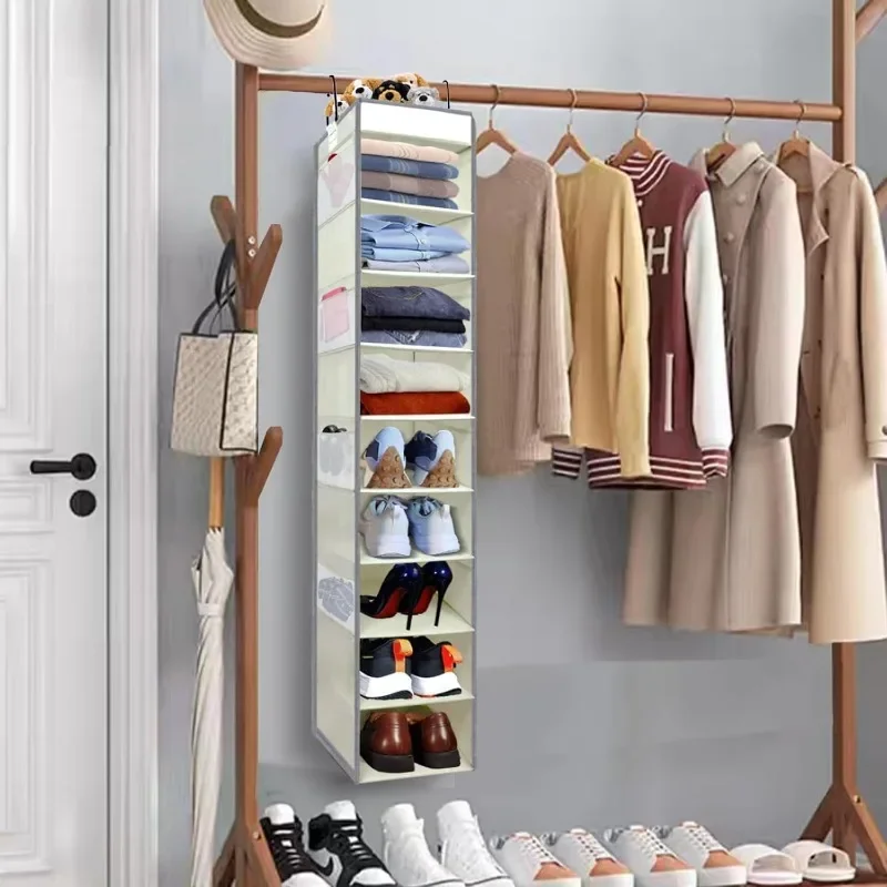 2 Pack Large-Sized Hanging Shoe Organizer 10-Shelf, Sturdy Hanging Closet Organizer with 8 Side Pockets, Wider Hanging Shelves