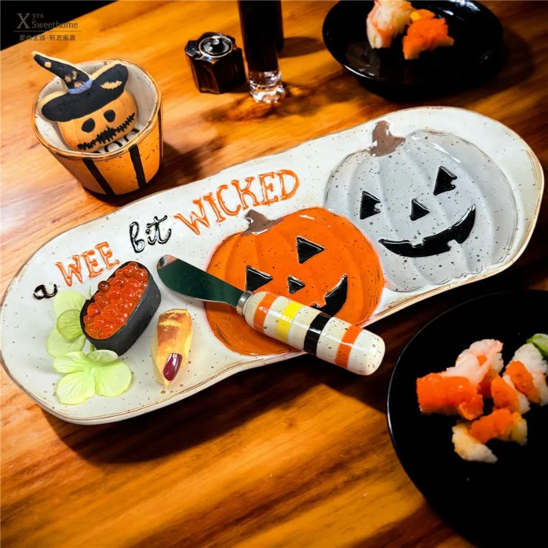Halloween Party Tableware Party Decoration Sesame Glazed Hand-painted Pumpkin Plates, Underglaze Color Halloween Sushi Dish,