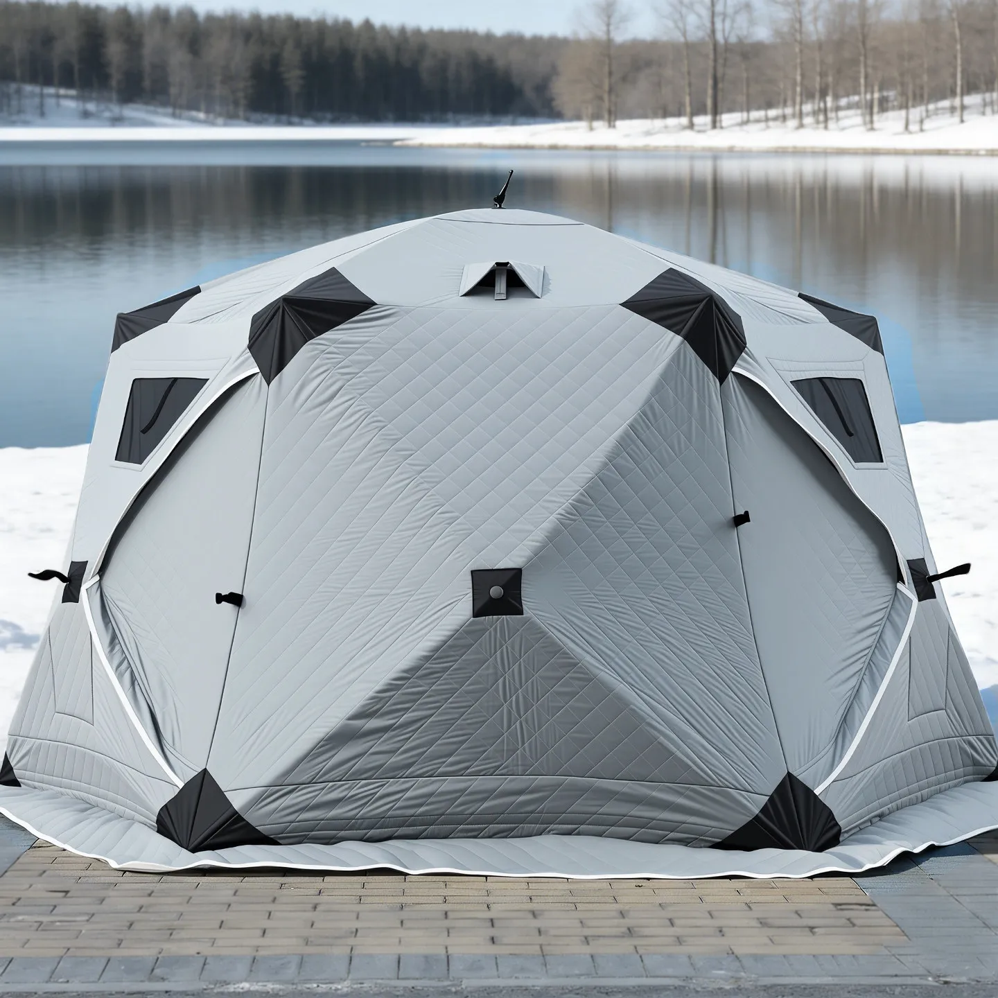 3-4 Persons Ice Cube Winter Fishing Tent, Instant Shelter, Blue Silver, with Floor Mat, Portable Ice Fishing Shelter for Outdoor
