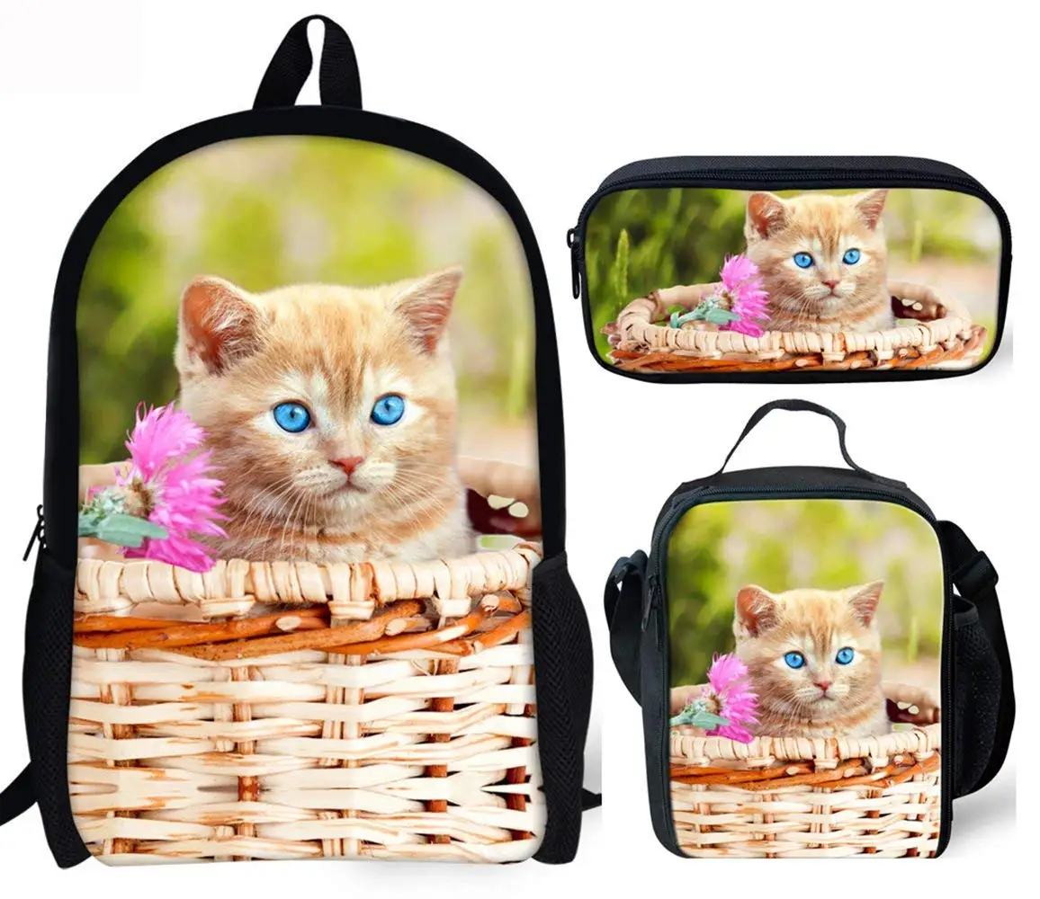 

Kawaii Cat Flower Pattern 3 Pcs School Bags Set for Teen Boys Girls School Bag Backpack Casual School Bag Lunch Bag Pencil Case