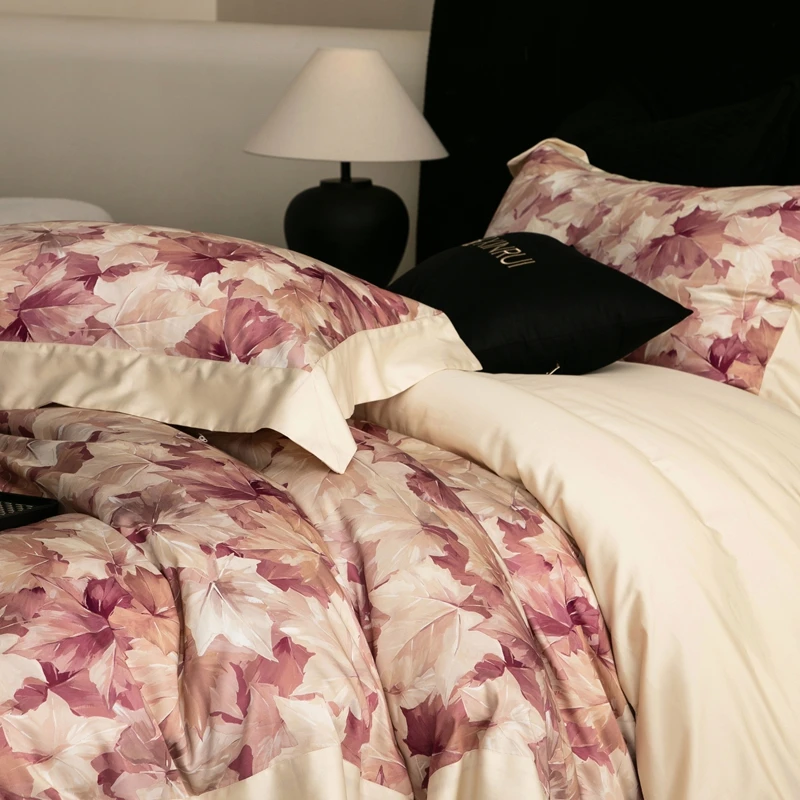 Digital printing Maple Leaves Egyptian Cotton Bedding Set, Duvet Cover, Linen Fitted Sheet, Pillowcases, Home Textile