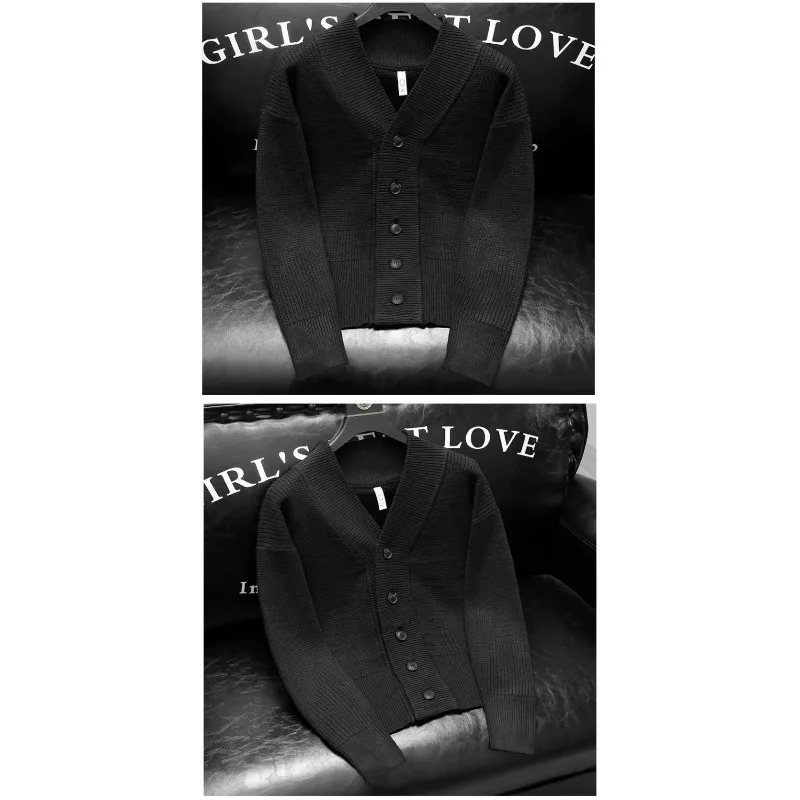 Męski sweter rozpinany z dekoltem w serek, kardigan, kurtka swetrowa, jesienno-zimowy, dopasowany, jednolity kolor, styl koreański, casualowy top.