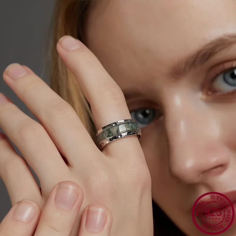 

New S925 Pure Silver Water Grass Agate Simple Green Moss Stone Ring European and American Style Simple Fashion Wedding Jewelry