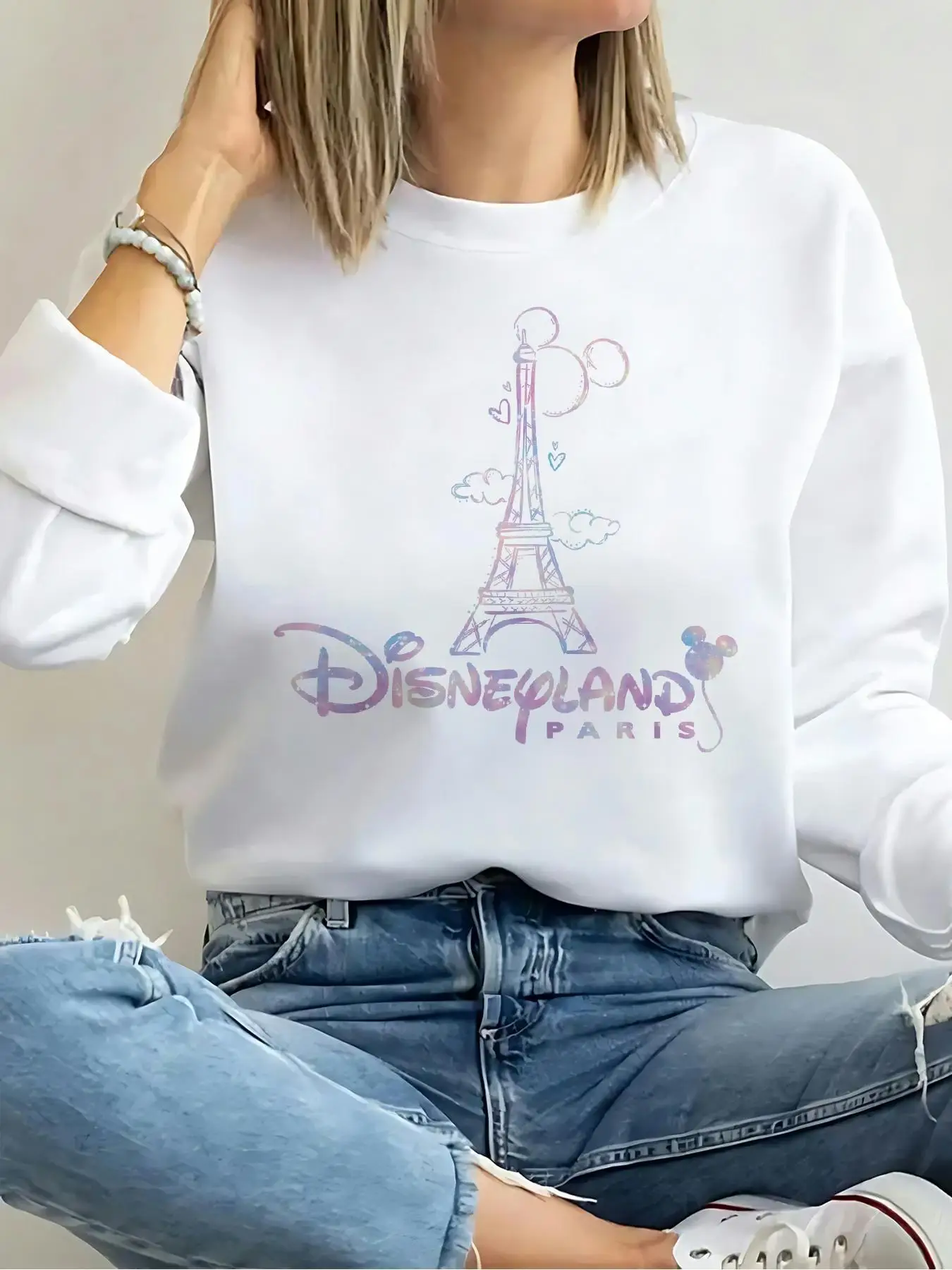 

Disney 2026, новый Парижский замок, Микки, Эйфелева башня, толстовка с принтом, женский хлопковый пуловер с длинными рукавами, осень/зима, флис с круглым вырезом