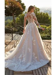 Elegant Sheer O-neck Wedding Dresses for Bride Lace Long Sleeves Appliques A Line Bridal Gowns Bohemian Vestido De Noiva