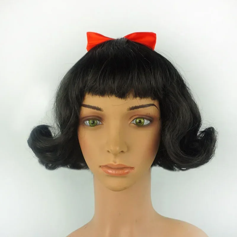Volwassen Vrouwen Korte Bob Wave Black Cosplay Pruik Met Strik Sneeuwwit Rollenspel Halloween Kostuum Pruik Anime Party Pruik