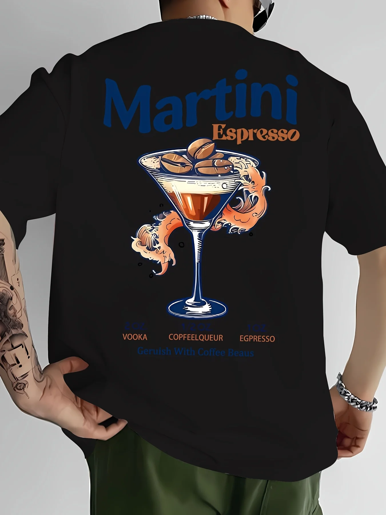 Retro Espresso Martini Cocktail Tee with Recipe Print and Coffee Bean Graphic 100% Cotton Men's T-shirt Summer Casual