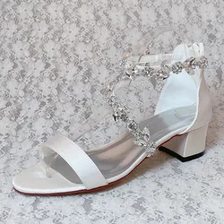Venus lure Customized Women's Wedding Sandals Block Heel Ivory Satin Ladies Summer Sandals with Diamante Strap 2 Inches