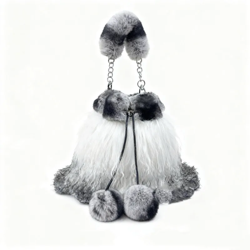 

2025 New Beach wool Fur Drawstring Bucket Bag Women's Plush Shoulder Bags Y2k Hot Girls Fashion Female Furry Purse Tote Handbags