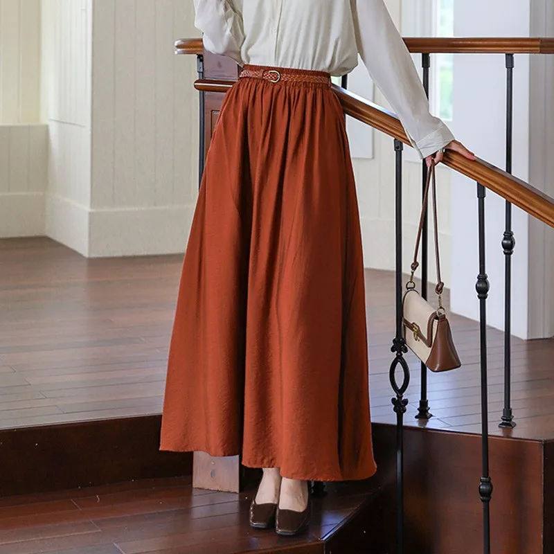 ارتفاع الخصر ألف خط تنورة خمر هونغ كونغ Sle مع حزام لون نقي واسعة هيم المرأة أوائل الخريف جديد مزدوج كيت تنورة طويلة