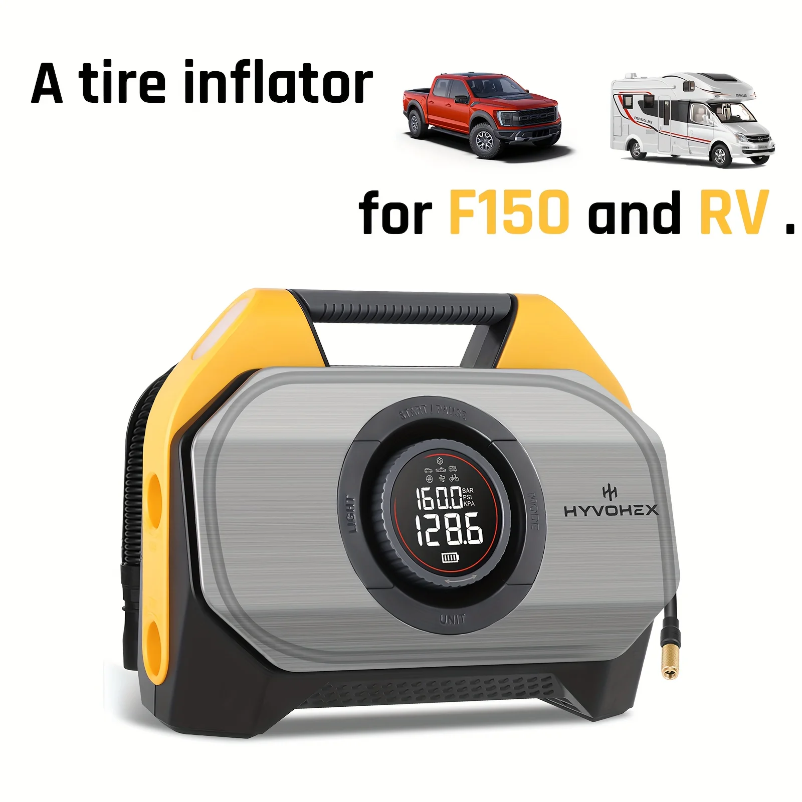 T8 Tire Inflator Portable Air Compressor for Heavy-duty Vehicle, Cordless Air Pump for Car & Inflatables with 19200 mAh Battery, 1.5 CFM@0 PSI or 42 L/Min@0 PSI, 100% Duty Cycle & Dual Cylinder For Pickups, Trucks, Car Accessories