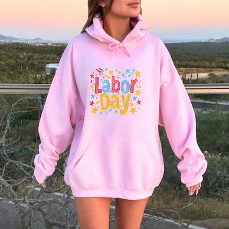 Festive Sweatshirt Labor Day Hoodie Ladies Loose Fit Warm Cute Minimalist Style Labor Day Gifts