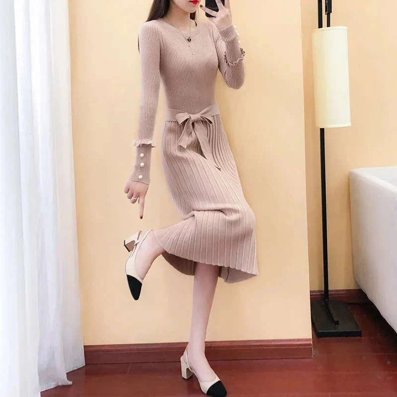 Korean Slim Knitted Sweater Dress O-neck Women Elegant Lace-up Midi Dresses Pleated Autumn Winter Stretch Casual Vestidos