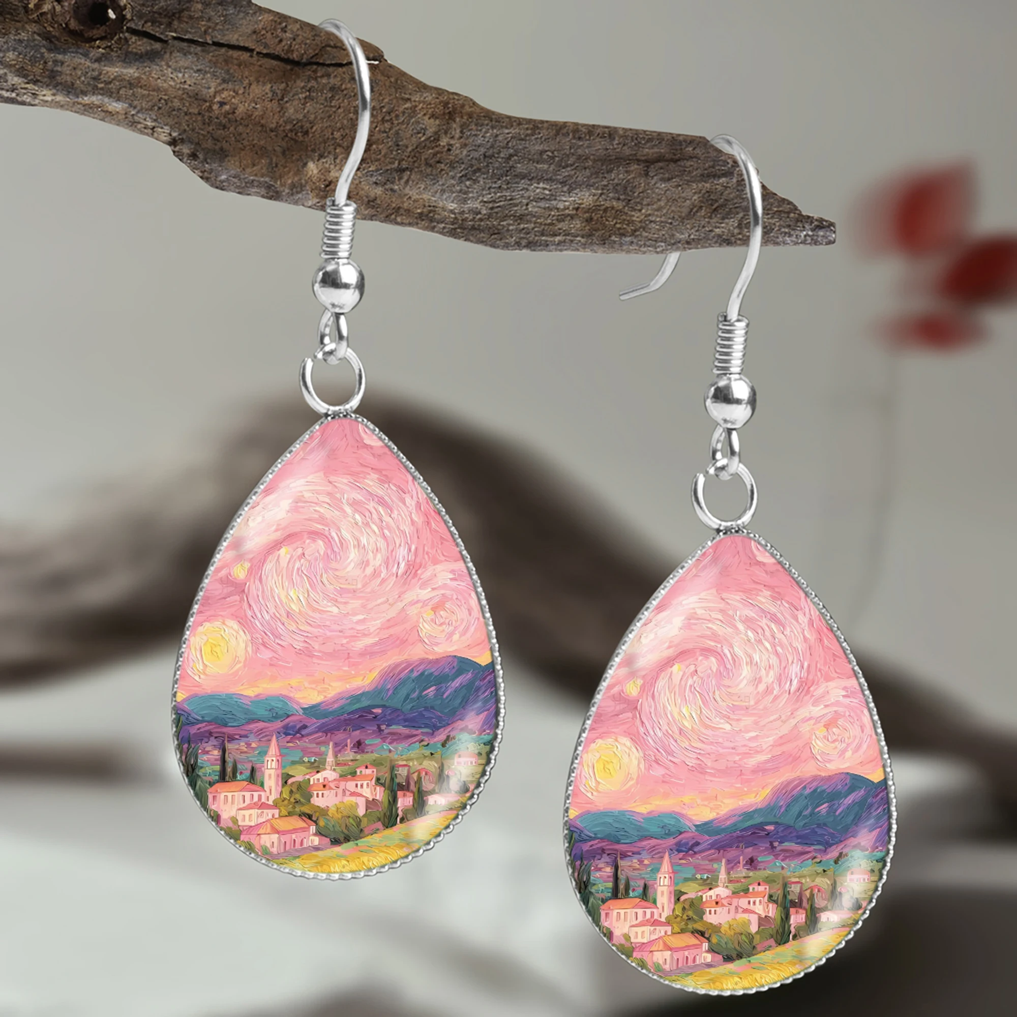 1 Pair of Pink Van Gogh Hut Pattern Earrings with Convex Glass and 316 Stainless Steel Material, Drop-Shaped Earrings in a Vintage Elegant Style, Suitable for Men and Women for Daily Wear, Gift-Giving, and as a Birthday Present