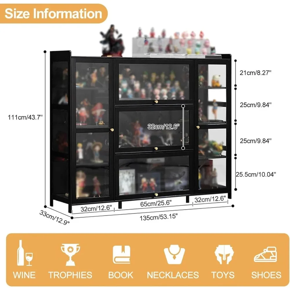 Black Display Cabinet 53.15in Acrylic Display Case Clear Showcase for Collection with Shelves for Figures Collectibles Office