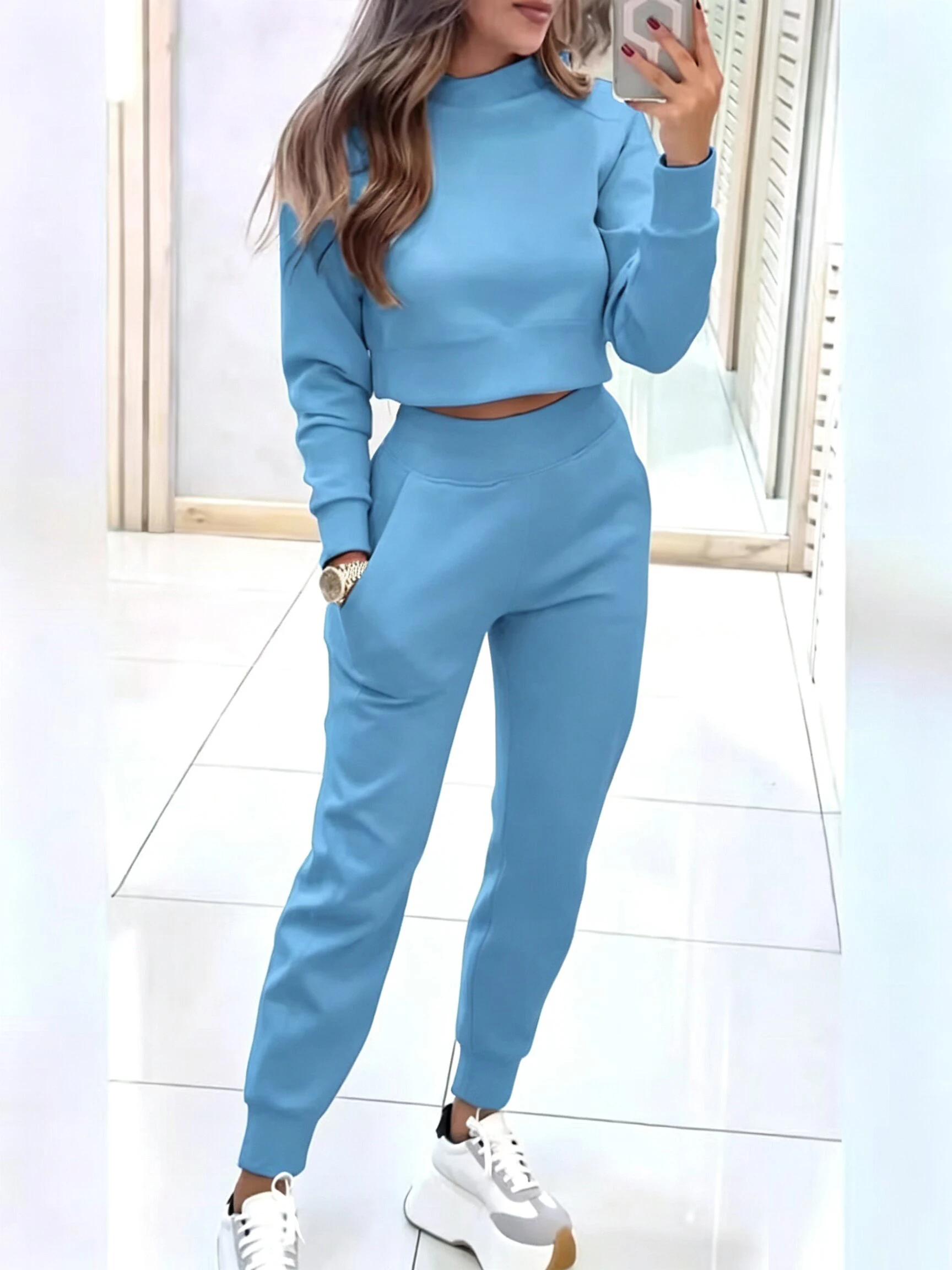 Damen Rosa 2-Teiliger Trainingsanzug Crop-Sweatshirt + Jogginghose Set Lässige Loungewear Streetwear 2026 Neue Frühlings- und Herbstkollektion – Detail 7