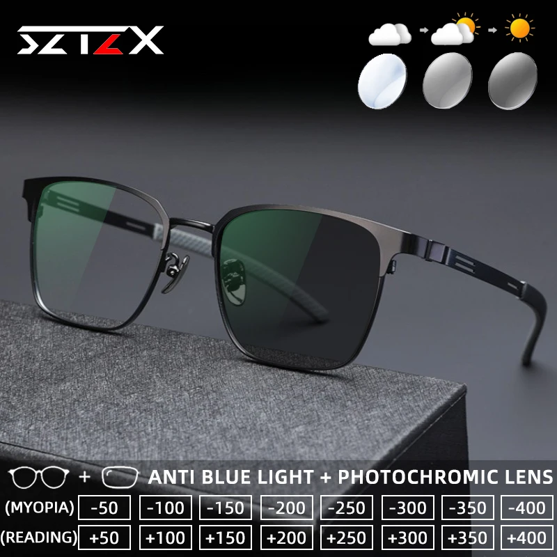 

SZTZX Ultralight Screwless Titanium Photochromic Reading Glasses Anti Blue Light Myopia Glasses Progressive Prescription Eyewear