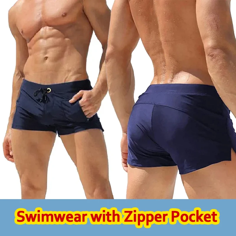 

Mens Swim Trunk Swimwear with Zipper Pocket Bathing Suit Swimming Boxer Brief Square Leg Mesh Liner Board Shorts Swimsuits