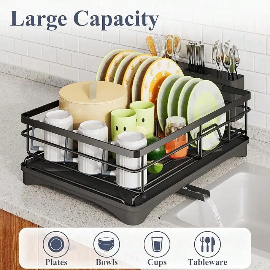 Dish Drying Rack - Stainless Steel Dish Rack For Kitchen Counter, Large-Capacity Dish Drainer With Cutlery Holder, Kitchen Organizer For Dishes, Spoons And Forks, Black