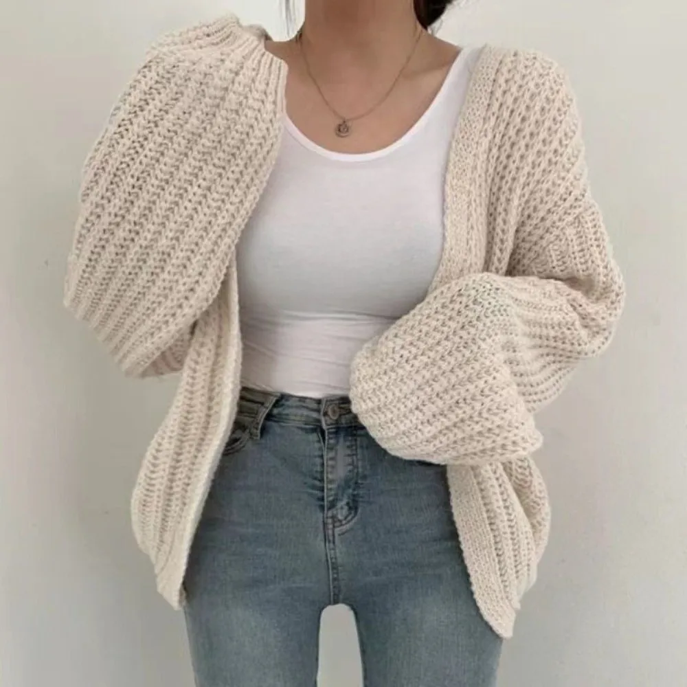 Thick Knit Texture Chunky Knit Cardigan Loose Fit Solid Color Open Front Cardigan Long Sleeve Open Front Design Knit Outerwear