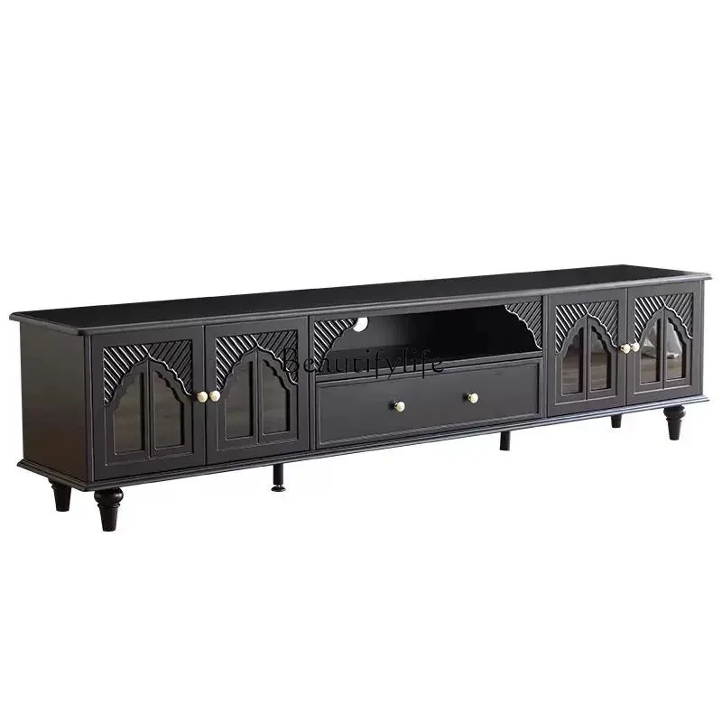 

*French retro solid wood TV cabinet American black living room floor storage audio-visual cabinet