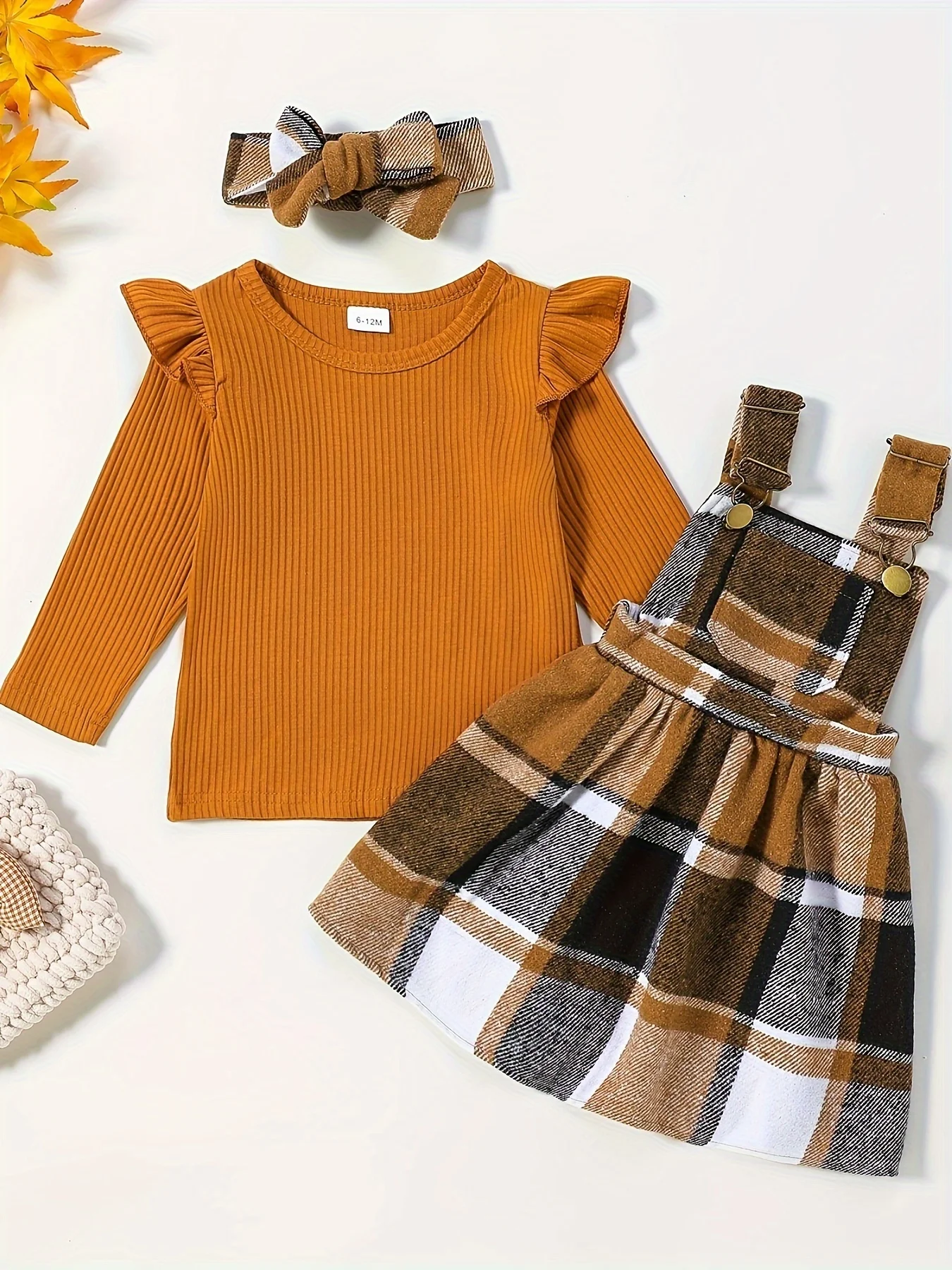 مجموعة تنورة للفتيات الصغيرات، مجموعة تنورة بحمالات منقوشة بأكمام طويلة، ملابس شتوية للفتيات الصغيرات #1