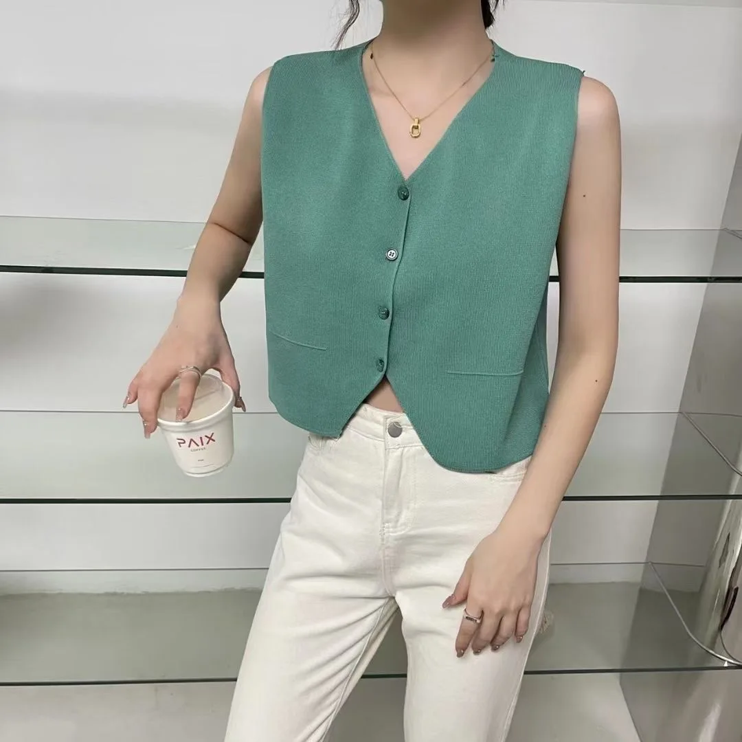 

Solid Vests Women Spring V-neck Single Breasted Front-slit Retro All-match Fashion Minimalist Prevalent New-arrival Cozy Slim