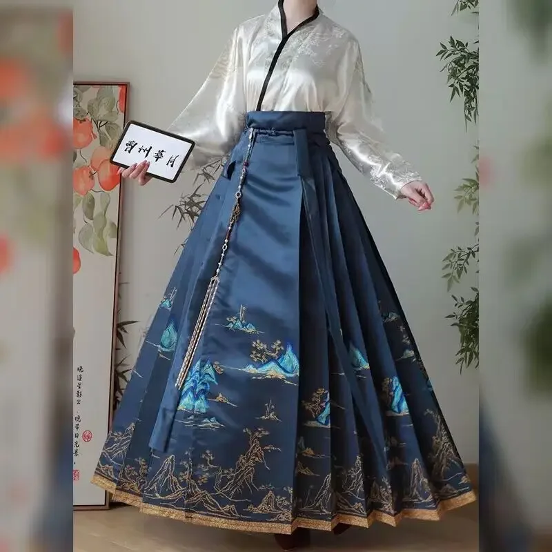 ชุดกระโปรงหน้าม้าจาก Hanfu 2ชิ้นเสื้อผ้าสำหรับสาวออฟฟิศไซส์ใหญ่พิเศษเสื้อเชิ้ตแขนยาว + กระโปรงชุด Hanfu จีนไซส์ใหญ่พิเศษ XL