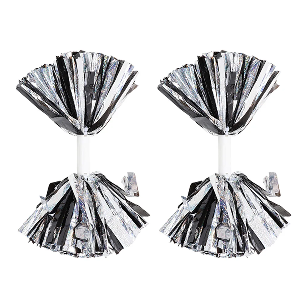 

2Pcs Cheerleader Pom Poms Metallic Black Silver 6 Inch H Kids Adults Team Spirit Party Reusable Daily Sports Props