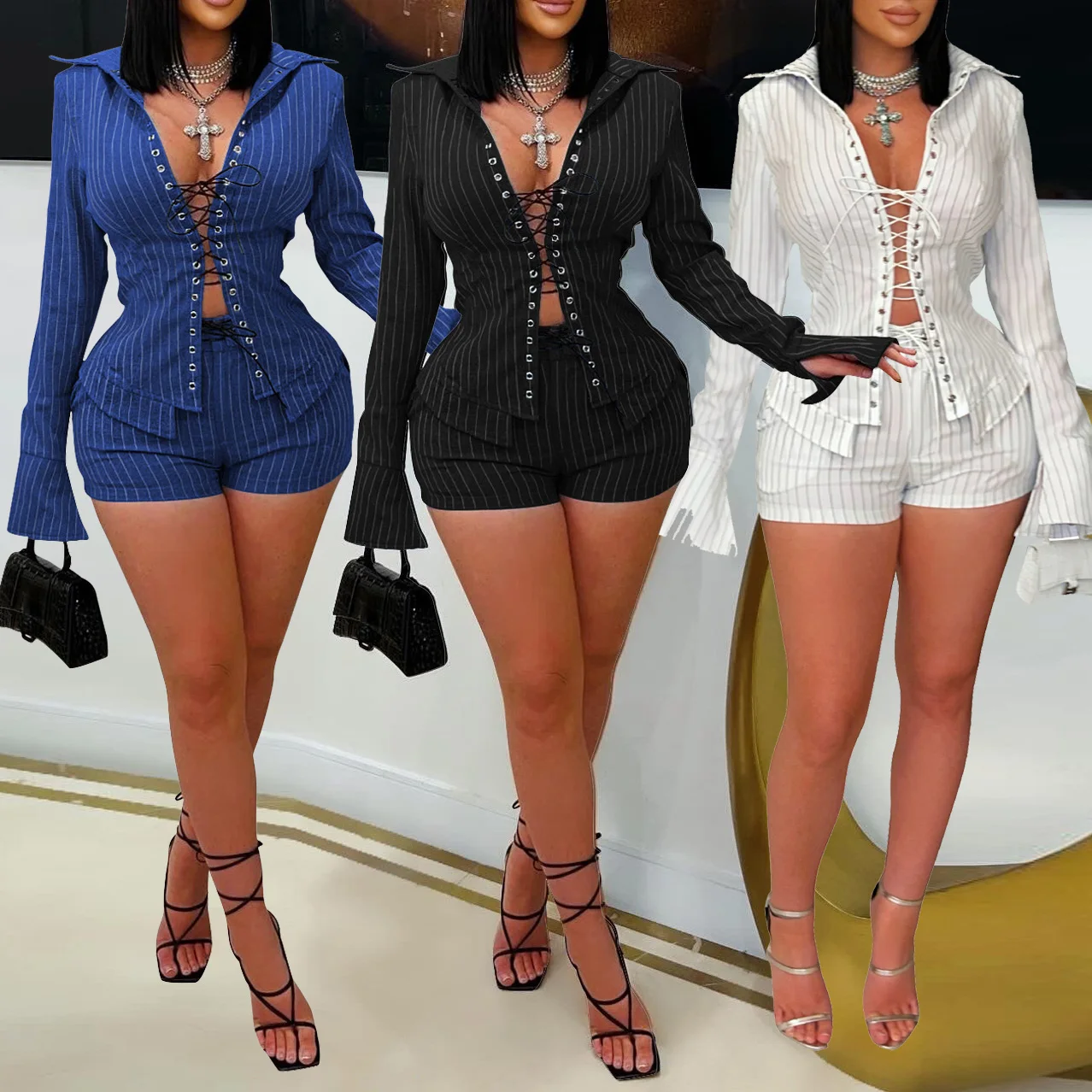 

Striped Bandage Tops Sexy 2 Piece Pant Set Outfits Women Y2K Streetwear Elegant Ladies Luxury Summer Two Piece Set Pant Shorts