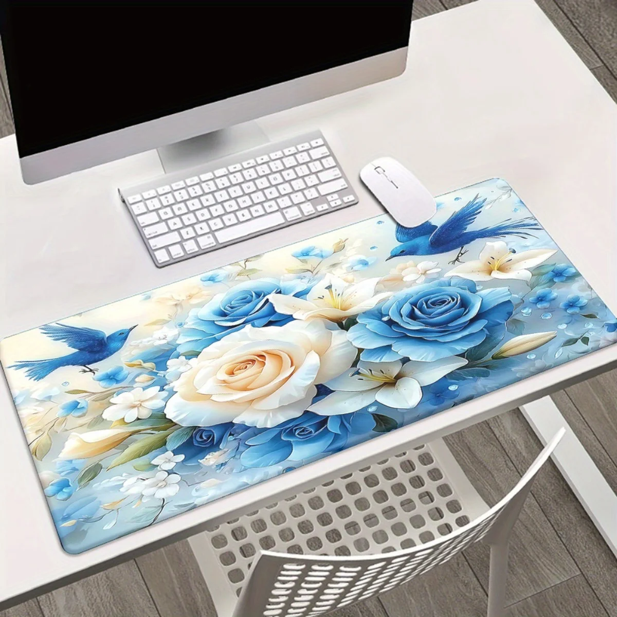 

1pc Blue Floral & White Rose Mouse Pad - Large Gaming & Office Desk Mat, Non-Slip Rubber Base, Smooth Surface for Keyboard, Lapt