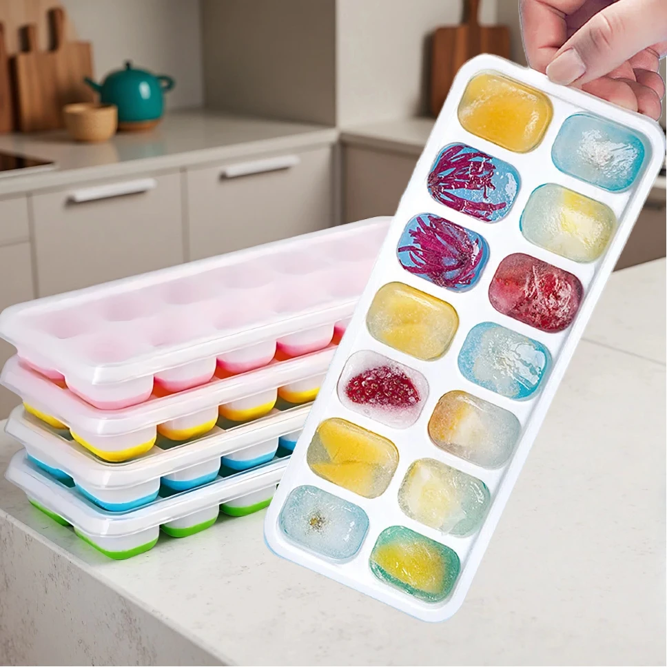 1Pc Ice Cube Trays with Lid Silicone Ice Cube Molds for Home Freezer Homemade DIY Cocktail Party Gifts Blue Pink Yellow