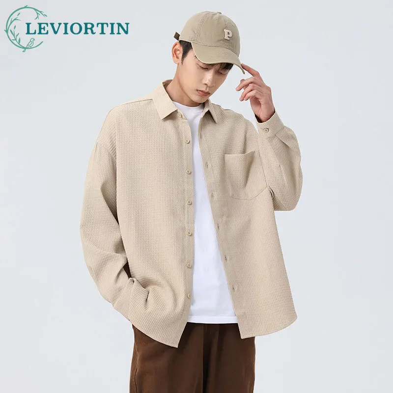 

Spring Autumn Men's Sold Color Shirt Anti Wrinkle Trendy Casual Waffle Versatile Button Down Tops Loose Long Sleeve Dress Shirt