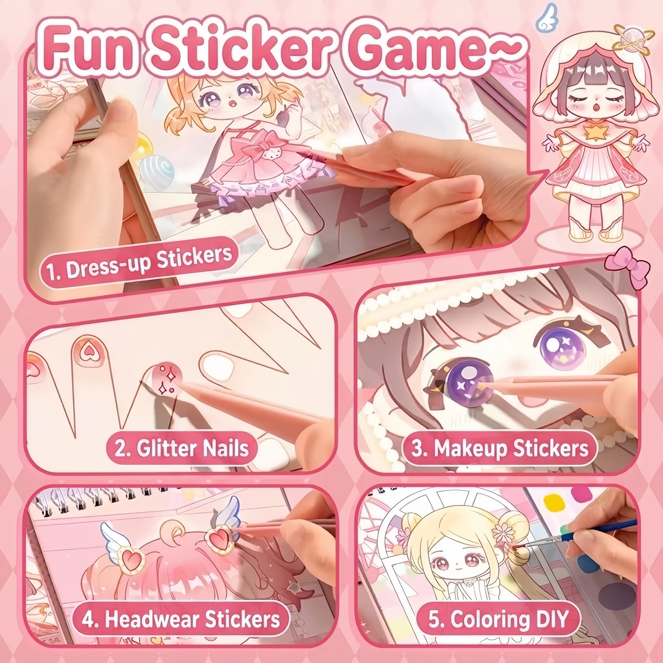 4/1 Princess Dress-Up Sticker Book, Creative Girls' Nail Art and Makeup Sticker Book, No-Cut DIY Coloring Sticker Book, Quiet Book, Sticker Gift for Children view 5