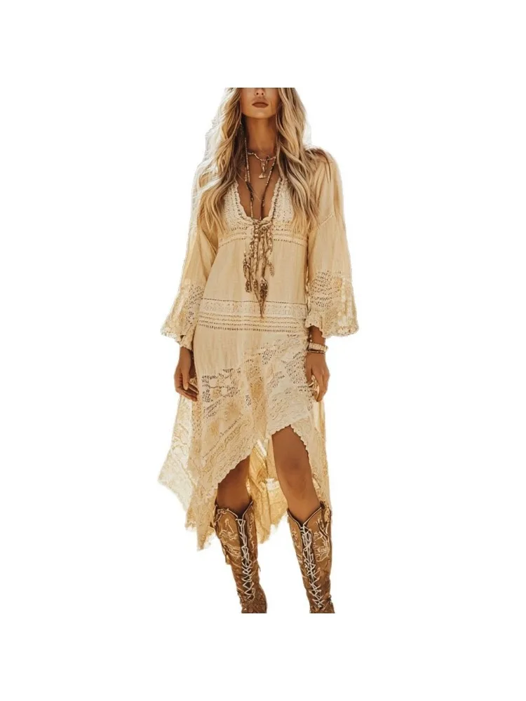 Retro Womens Floral Breathable Casual Dress Long Skirt Vintage Boho Tribal Print SummerWomens Loose Fit Bohemian Long Dress