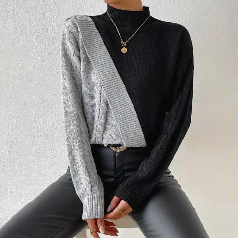 Knit Sweaters O-Neck Colorblock Knitted Sweater Women Fashion Long Sleeve Top Casual Outwear Irregular Patchwork Pullovers